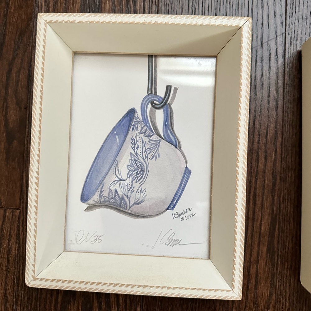 Korlene Spicher Print Teacup in Blue, Pencil Signed, Numbered, and Framed